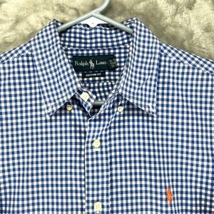Ralph Lauren Custom Fit Gingham Check Button Down Shirt Mens Size L Blue White